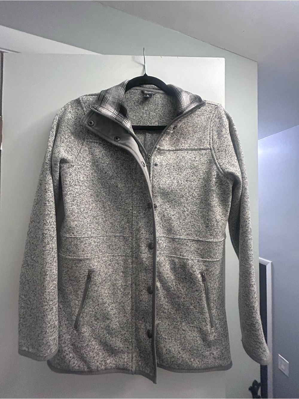 Eddie Bauer Women's Gray Teddy Fleece Jacket with Plaid Collar